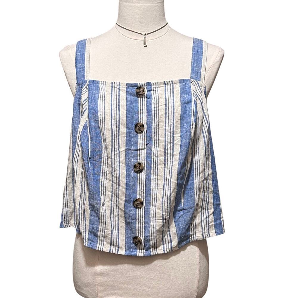 TORRID 1 Plus Size Linen Blend Button Crop Tank Top Beige & Blue Stripe, NWT